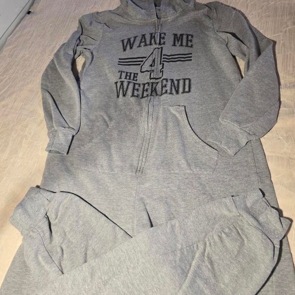 Faded Glory Gray Wake Me 4 The Weekend Hooded One Piece Pajama Jumpsuit Small